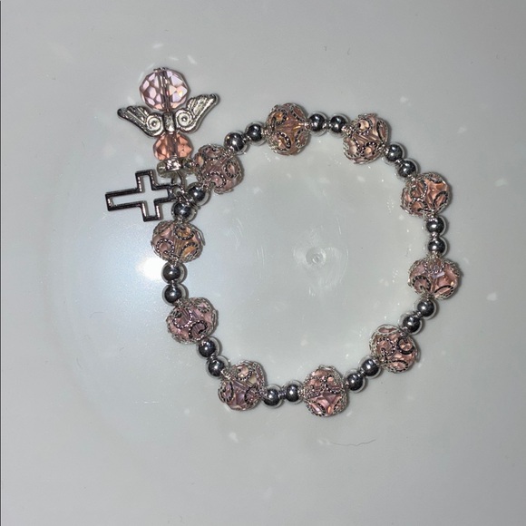 Elegant Sliver & Pink  Beaded Angel and Cross Charms Bracelet - Picture 4 of 4